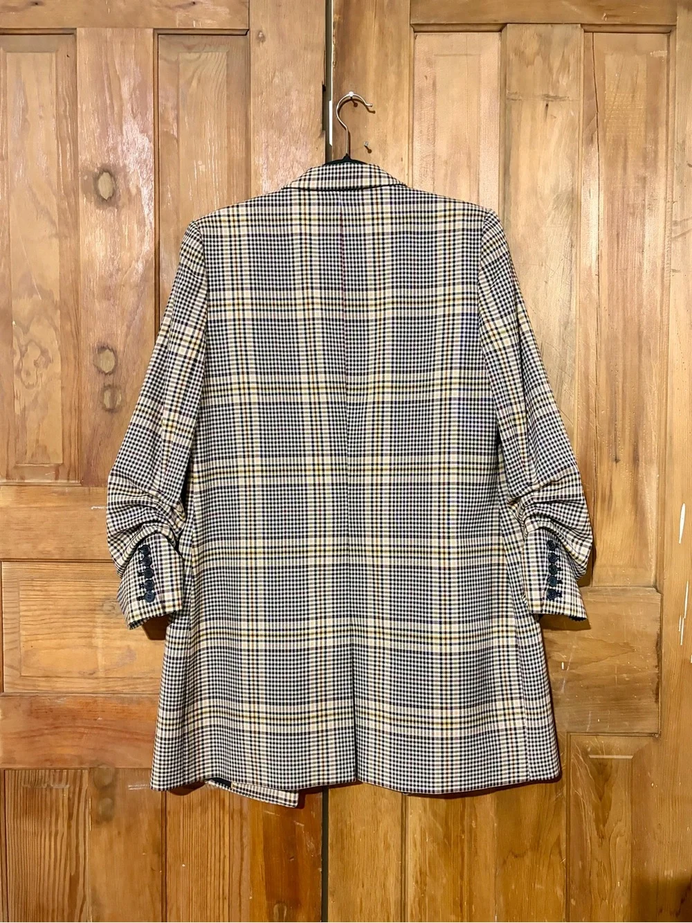 1.STATE – Longline Plaid Ruched Sleeve Double Breasted Blazer – Glen Check – Sz.